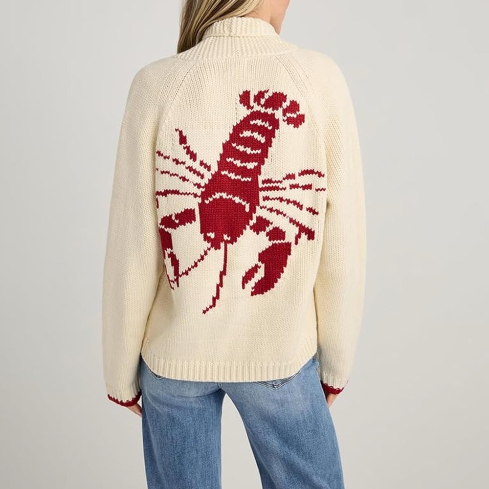 Women's Knit Lobster Cardigan Button Front Shawl Cream/Red Design